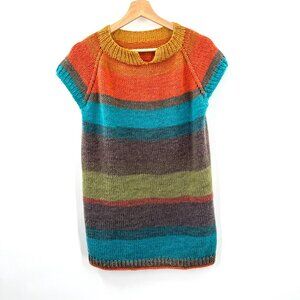 Handmade knit colorblock striped VERY SOFT sweater short sleeve tunic colorful M